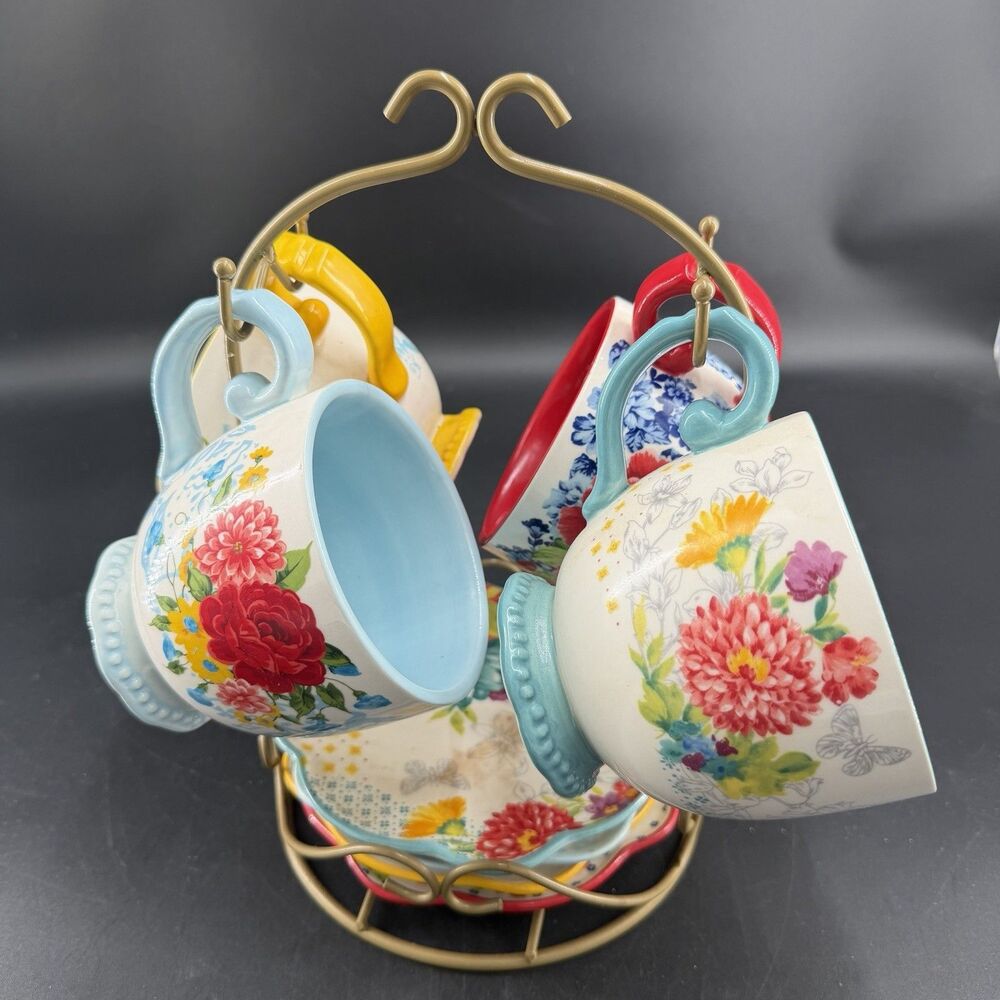 Pioneer Woman Floral Medley Mug Rack W/ Appetizer Plates & Mugs 9 Piece Set
